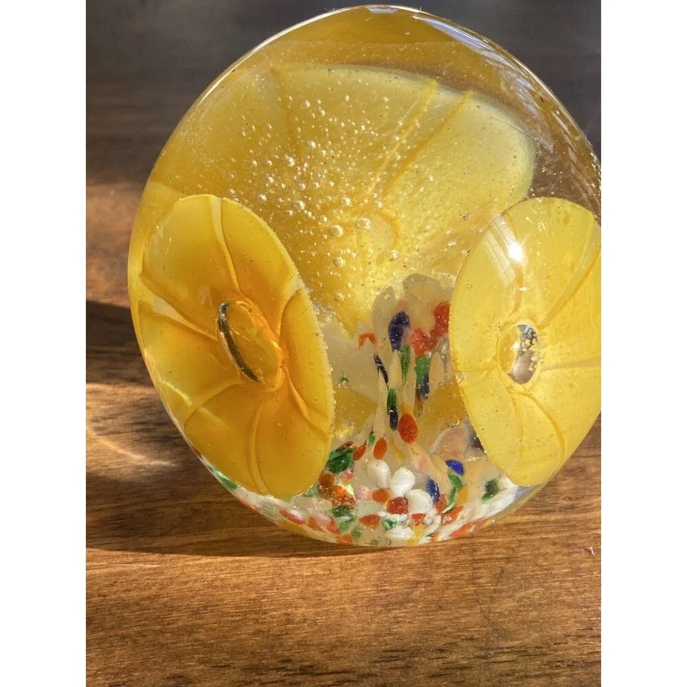 Art Glass Paperweight Yellow Trumpet Flower Blown Bubbles 3” Colorful Floral